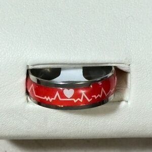Stainless steel band w/red inlay, white heart w/white heartbeat line NWOT